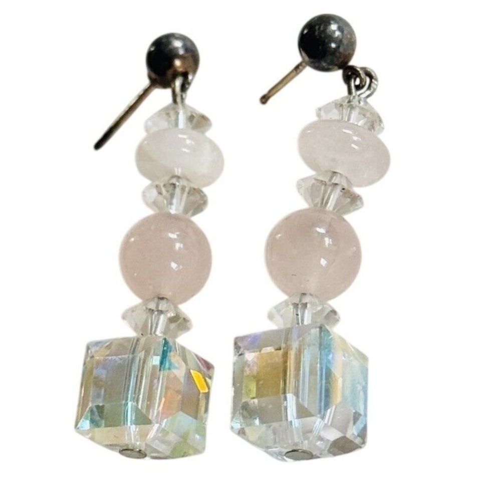 VTG Rose Quartz crystal beads Earrings aurora borealis Dangle Pierced 925 silver